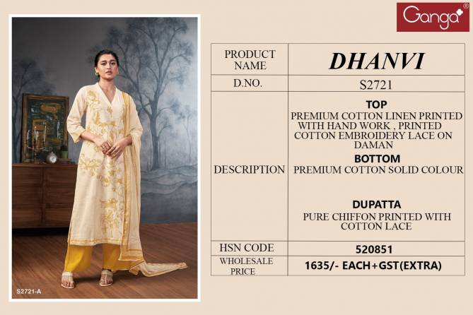 Dhanvi 2721 By Ganga Printed Premium Linen Cotton Dress Material Wholesale Shop In Surat